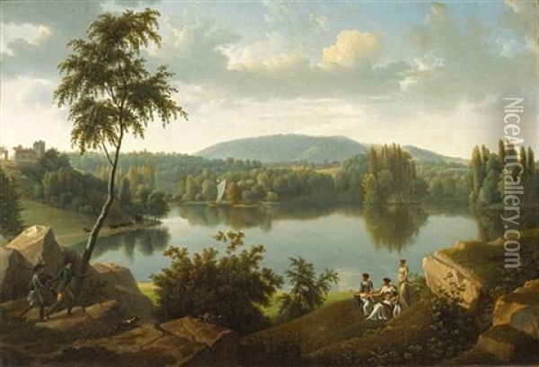 An Extensive Landscape With Figures Greeting Hunters Along The Banks Of A River Oil Painting - Alexandre Hyacinthe Dunouy