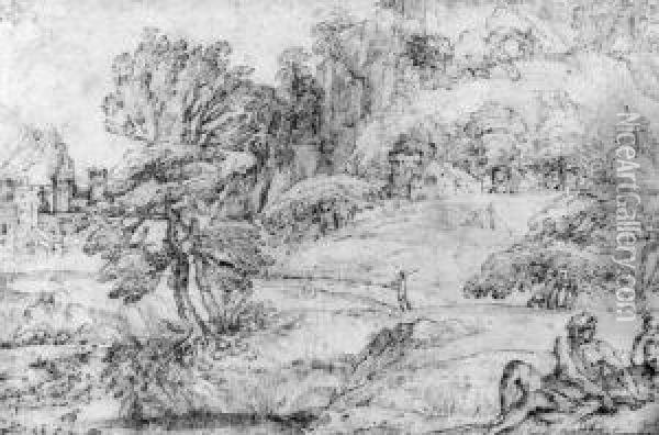 An Extensive Mountainous 
Landscape With Two Figures In Theforeground And A Castle By A River Oil Painting - Agostino Carracci