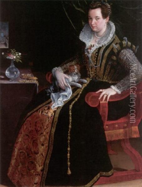 A Portrait Of Costanza Alidosi Seated And Holding A Small Dog, A Still Life Of A Vase Of Flowers And Jewelry Oil Painting - Lavinia Fontana