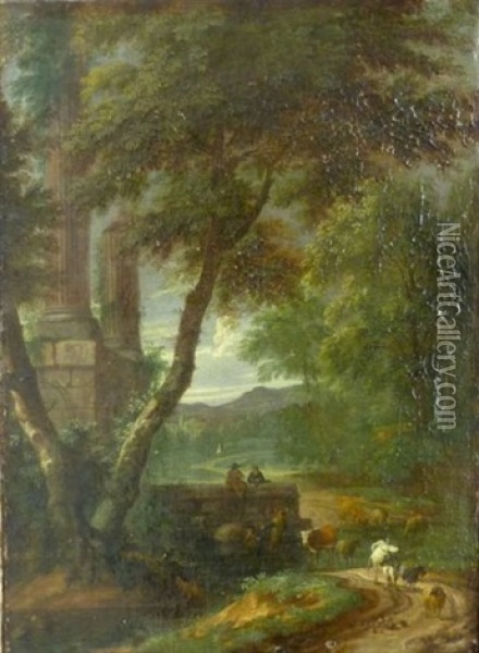 Paysage Aux Ruines Animees Oil Painting - Adriaen Frans Boudewyns the Elder