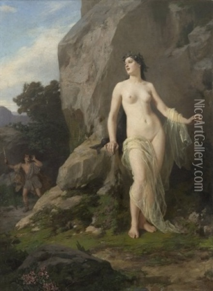 Mytologisk Sceneri Med Ung Kvinde Staende I Klippelandskab, I Baggrunden Kaldende Kriger Oil Painting - Andreas Groll