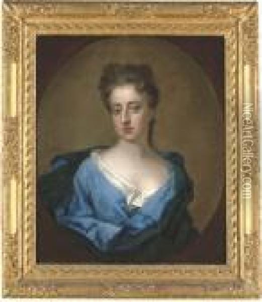 Portrait Of Lady Elizabeth Noel, Half-length, In A Blue Dress Andwrap, Feigned Oval Oil Painting - Michael Dahl