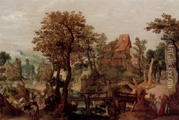 A Village Landscape With A Stream Oil Painting - Anton Mirou