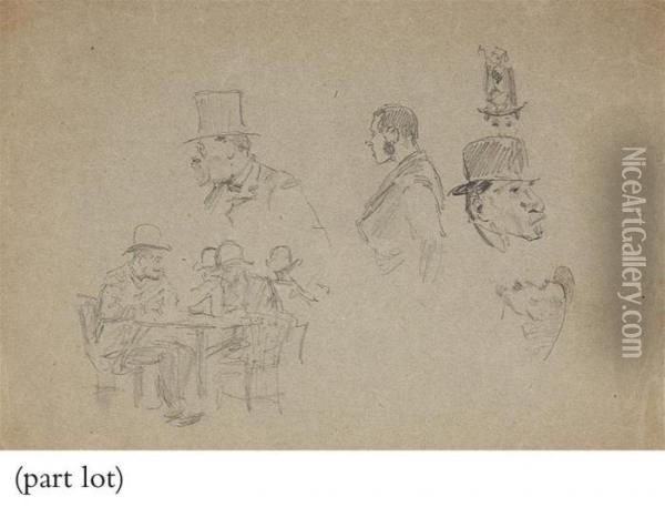 Three Drawings Of Gentlemen Wearing Hats Oil Painting - Joaquin Sorolla Y Bastida