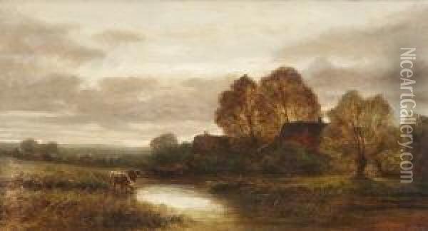 Kuhe Am Teich Vor Einem
 Gehoft. Oil Painting - Eduard I Schleich