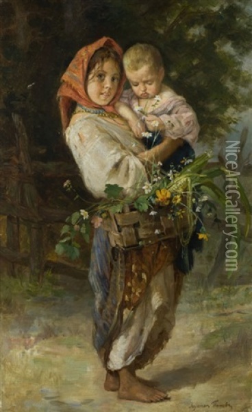Bauernmadchen Mit Kind Und Korb Oil Painting - Lukian Vasilievich Popov