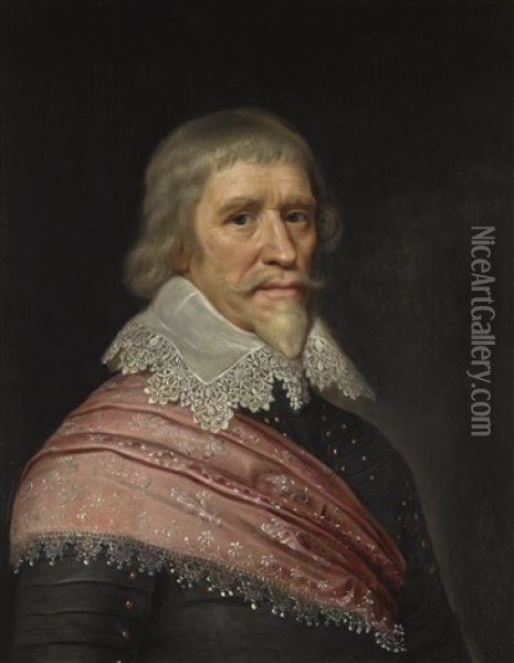Portait Of Edward Cecil, 1st Viscount Wimbledon (1572-1638), Half-length, Wearing Armour, A Pink Sash And A Lace Collar Oil Painting - Michiel Janszoon van Mierevelt