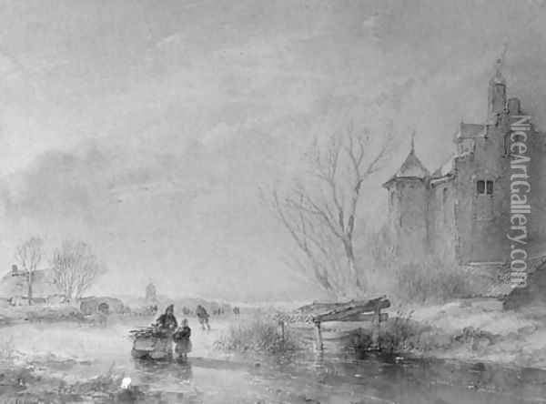 Skaters on a frozen waterway near a fortified mansion Oil Painting - Andreas Schelfhout