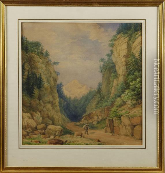 Alplandskap Med Vandrare Oil Painting - Adolf Heinrich Lohse
