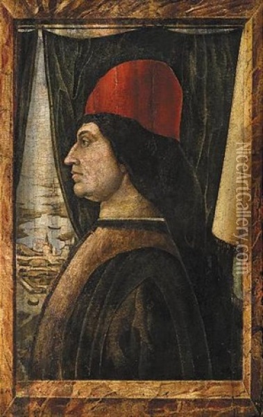 Ritratto Di Gentiluomo Con Cappello Rosso, Visto Di Profilo Attraverso Una Finestra Oil Painting - Francesco Del Cossa