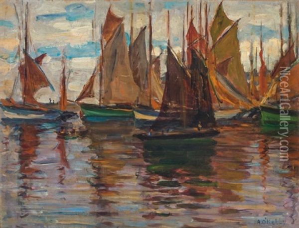 Boats In A Harbor Oil Painting - Aloysius C. O'Kelly