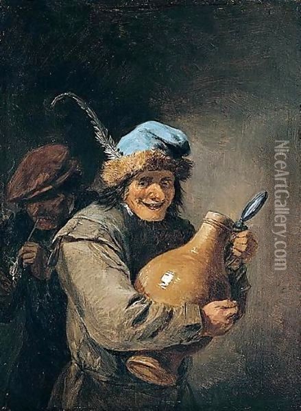 A Peasant holding a stoneware jug Oil Painting - David The Younger Teniers