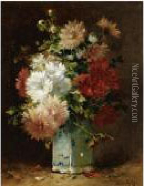Crysanthemums In A Chinese Vase Oil Painting - Eugene Henri Cauchois