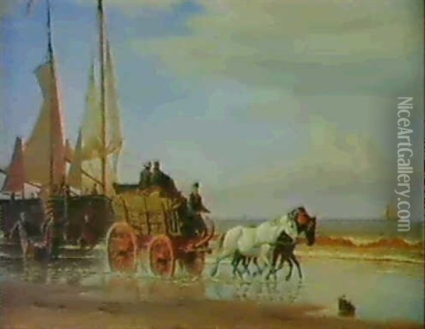 Hestekoretoj I Strandkanten, I Baggrunden Baeres Fangsten I Land Oil Painting - Christian Blache