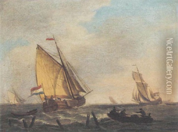 A Dutch Barge Setting Out To Sea Oil Painting - Johannes Christiaan Schotel