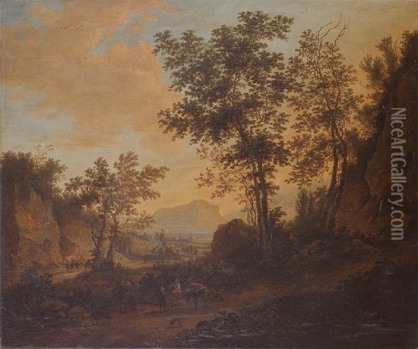 Peasants On A Track Before An Extensivelandscape At Sunset Oil Painting - Frederick De Moucheron