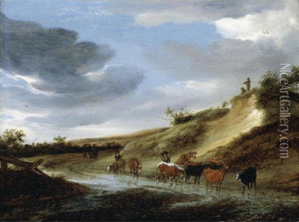 A Dune Landscape With Cattle And Drovers On A Muddy Road Oil Painting - Salomon van Ruysdael