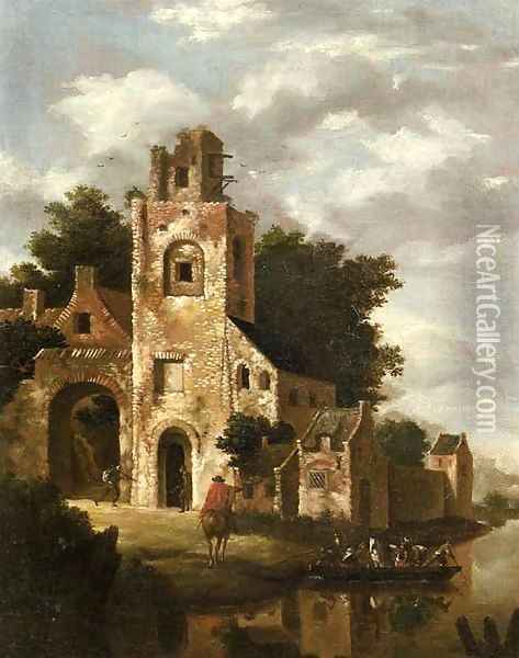 A ruined castle by a river, with a ferry setting out Oil Painting - Roelof Jansz. Van Vries