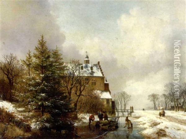 Gathering Timber On The Ice By A Country House Oil Painting - Hendrik van de Sande Bakhuyzen