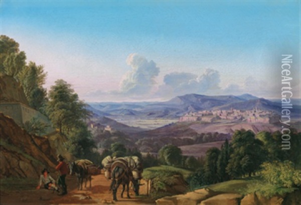 Eine Ansicht Von Orvieto Von Sudwesten Mit Rastenden Reisenden Im Vordergrund Oil Painting - Johann Joachim Faber