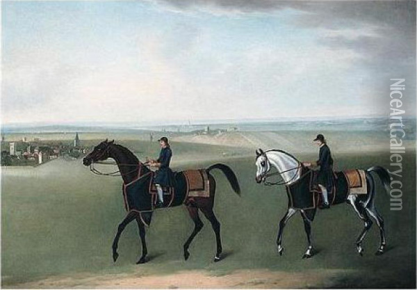 Two Racehorses And Their Jockeys Exercising On Newmarket Heath Oil Painting - James Seymour
