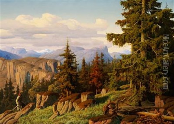 View Of A Mountainous Norwegian Landscape With Spruces In The Foreground Oil Painting - Anton Edvard Kjeldrup