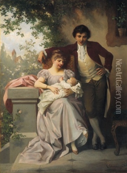 Muttergluck - Ein Junges Ehepaar Mit Einem Neugeboreren Auf Der Terrasse Oil Painting - Karl Schweninger the Younger