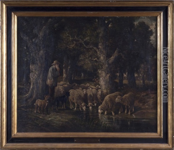 Shepherd With A Flock At A Wooded Stream Oil Painting - James Desvarreux-Larpenteur