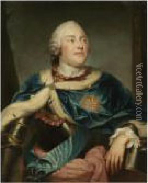 Portrait Of The Elector 
Friedrich Christian Of Saxony, Threequarter Length, Wearing Armour And A
 Blue Ermine-lined Cape Withthe Cross Of Malta Oil Painting - Anton Raphael Mengs