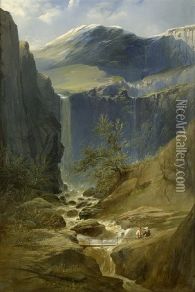 Norwegische Landschaft Bei Eide Mit Blick Auf Die Hurunger Gletscher Oil Painting - Wilhelm August Leopold Christian Krause