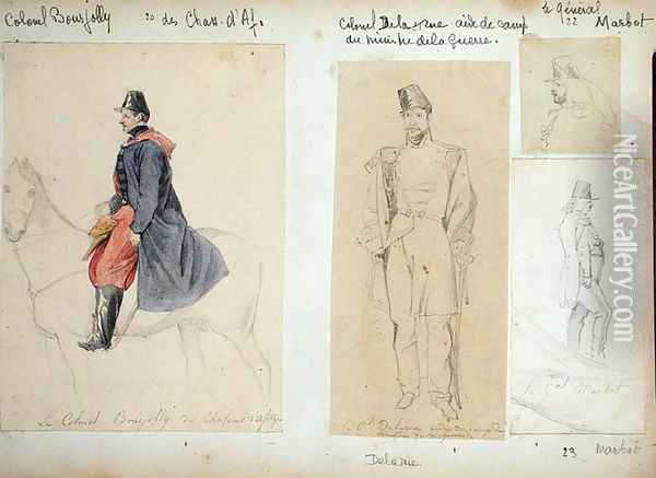 Colonel Bourjoly, Colonel Delarue and General Marbot 1782-1854 from Vues et Portraits Faits Pendant la Campagne de Mai 1840 1840 Oil Painting - Felix Philippoteaux
