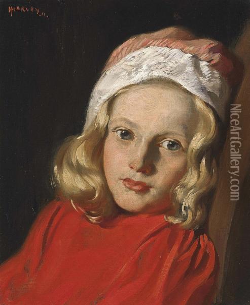 Portrait Of A Young Girl, Bust-length, In A Red Jumper And A Pink And White Hat Oil Painting - Herbert Johnson Harvey