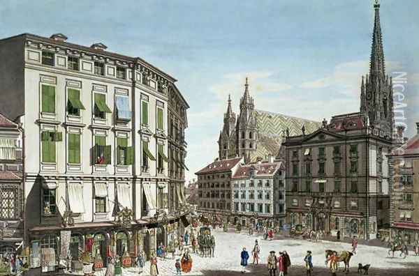 Stock-im-Eisen-Platz, with St. Stephans Cathedral in the background, engraved by the artist, 1779 Oil Painting - Schutz, Karl von