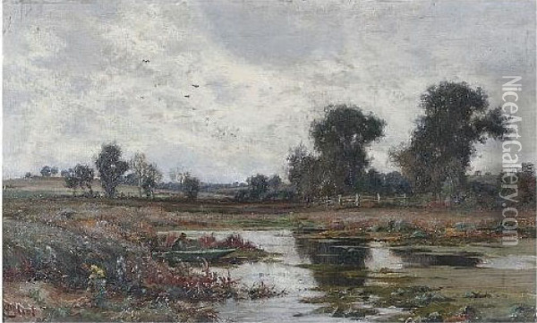 Tranquil Landscape With Man In A Punt Oil Painting - James Elliott