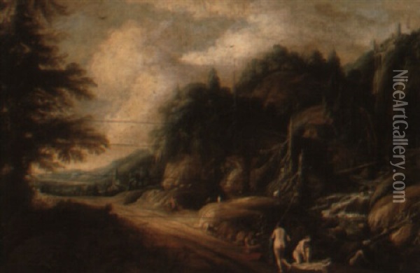 Landscape With Satyrs And Nymphs Bathing Oil Painting - Dirk Dalens the Elder