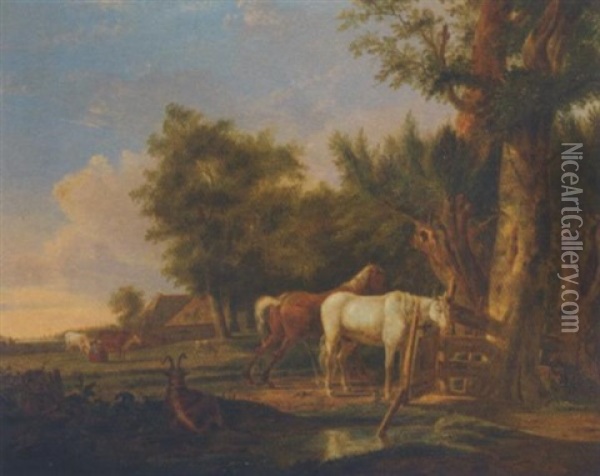 Horses In A Meadow Oil Painting - Arie Johannes Lamme