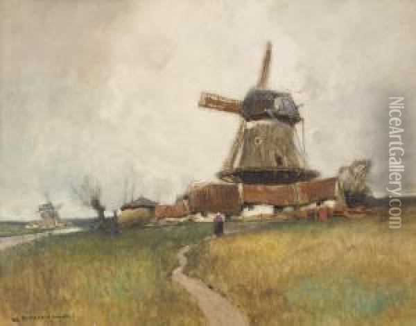Dutch Landscape With Windmill Oil Painting - William Frederick Ritschel