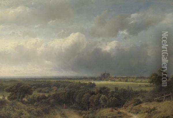 Gezicht Op Haarlem: A Panoramic View Of Haarlem With The St.bavokerk In The Distance Oil Painting - Jan Hendrik Weissenbruch
