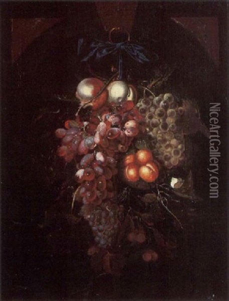 A Still Life Of Apples, Red And White Grapes, Peaches And Cherries Hanging From A Blue Ribbon, With A Butterfly, In A Niche Oil Painting - Nicolaes Van Gelder