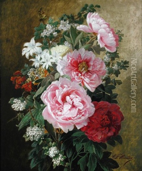 Still Life Of Roses And Apple Blossom Oil Painting - Charles Frederick Hurten