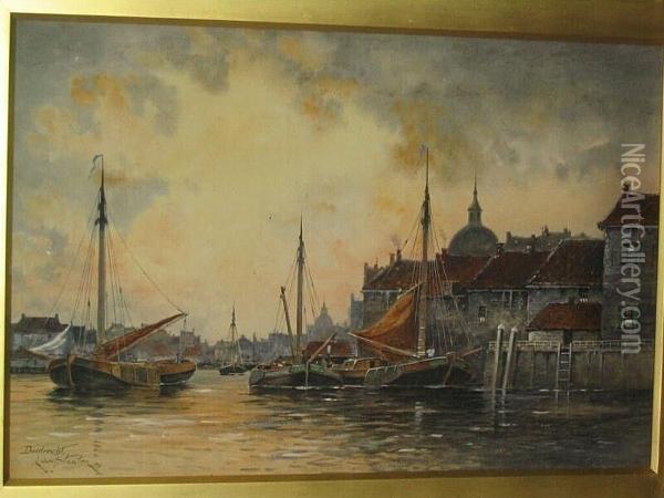 'dordrecht' - Canal Scene With Shipping And Buildings Oil Painting - Hermanus Jr. Koekkoek