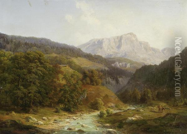 Panoramic Landscape Of The Alpines Oil Painting - Georg Haeselich