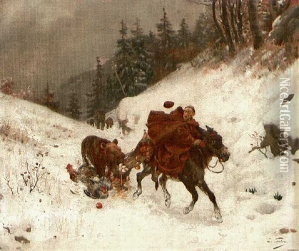 Braunbar Bedient Sich An Den Vorraten Eines Esel Reitenden Monches Oil Painting - Edouard Castres