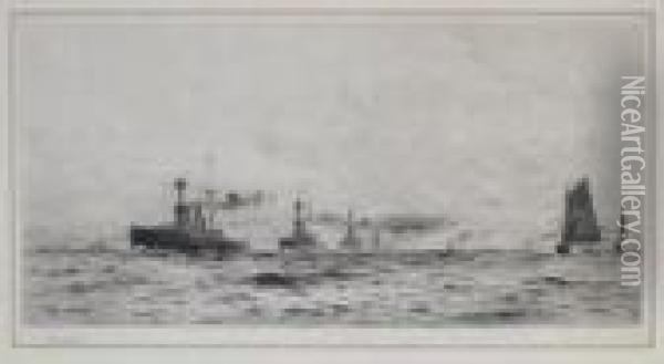 Atlantic Fleet Off Portsmouth Oil Painting - William Lionel Wyllie