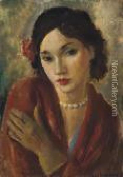 An Elegant Lady With A Pearl Necklace Oil Painting - Vera Rockline