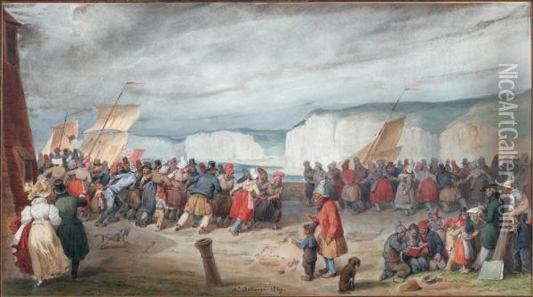 Halage De Bateaux De Peche Sur La Berge Dans Le Pays Decaux Oil Painting - Joseph-Louis Hippolyte Bellange