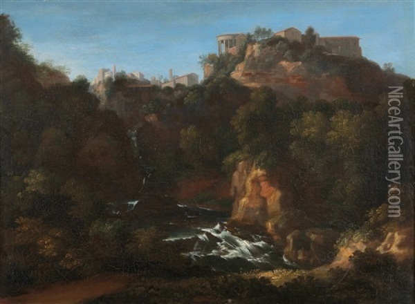 View Of Tivoli With The Temple Of The Sibyl (collaboration W/workshop) Oil Painting - Gaspard Dughet