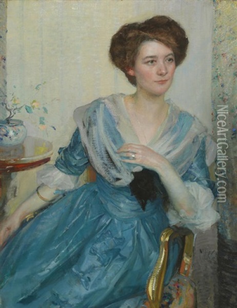 Portrait Of A Woman In A Blue Dress Oil Painting - Richard Edward Miller