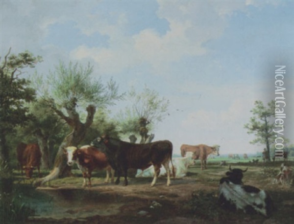Kuhe Und Stier Auf Der Weide Oil Painting - Friedrich Karl Joseph Simmler