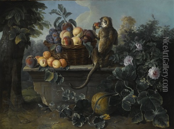 Still Life With A Monkey And A Basket Of Fruit Resting On A Ledge With A Landscape Beyond Oil Painting - Alexandre Francois Desportes
